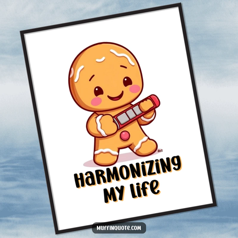 Funny Poster: A jolly gingerbread character adorned with icing buttons is shown playing a tiny harmonica, creating a festive and humorous scene.