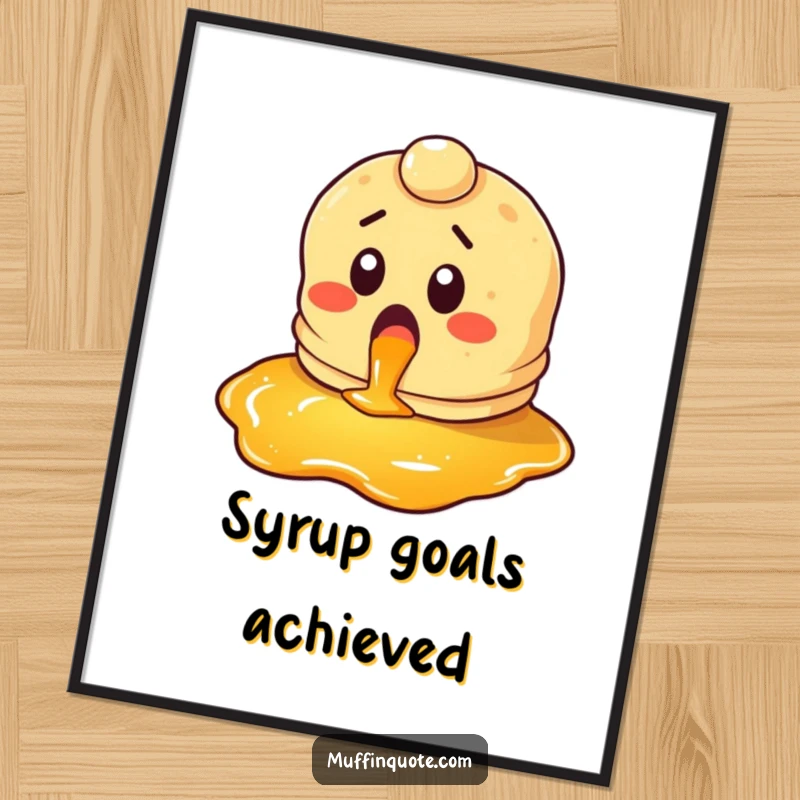 Funny pancake poster featuring a surprised character looking gleefully at syrup, celebrating breakfast with charming art.