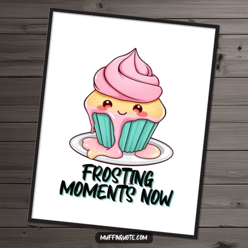 Funny cupcake poster capturing a playful character with frosting dripping messily, adding sweet humor to any room.