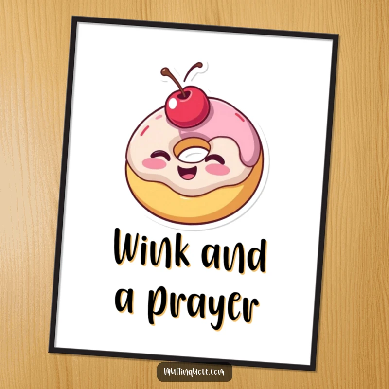 Funny poster art of a wobbly donut with a cherry on top giving a joyful wink, adding a sweet and humorous touch to decor.