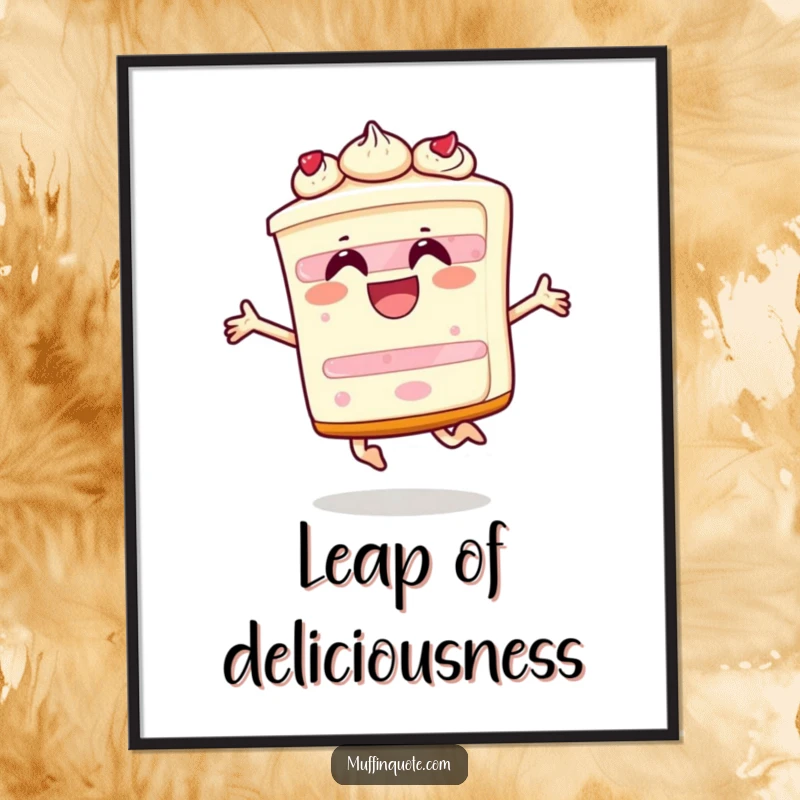 Funny poster illustration of a happy slice of cake character leaping energetically, embodying pure celebration and delight.