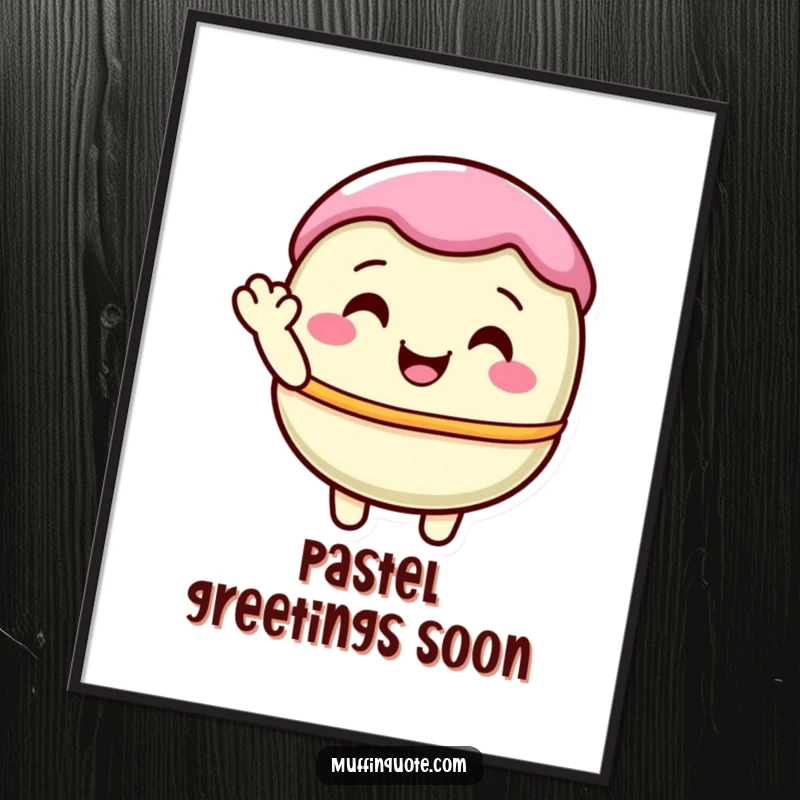 Funny, delightful pastel macaron character shyly waving, presented as sweet wall art for a charming touch.