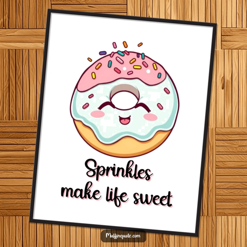 Funny donut poster featuring a gleefully giggling character with sprinkles bouncing wildly, adding vibrant humor to any wall.