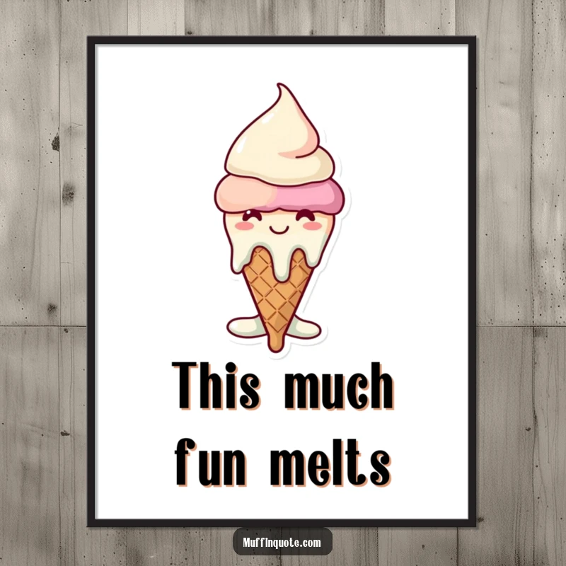 Funny melting ice cream cone poster, a grinning character joyfully melting, perfect wall art for kitchens or cafes.