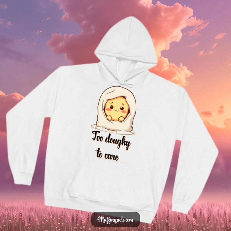 Funny hoodie depicting a stealthy bread roll character hiding in a flour bag, perfect for cozy, humorous, and carb-filled lounging.