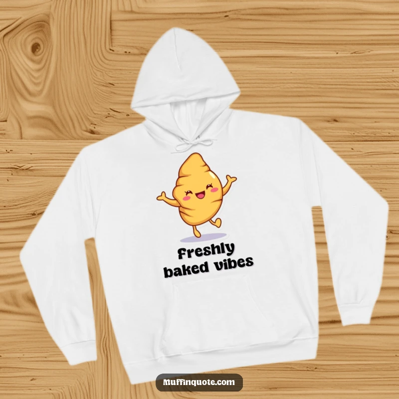 Funny croissant hoodie featuring a joyful character doing a little hop, offering cozy comfort and baked-themed humor.