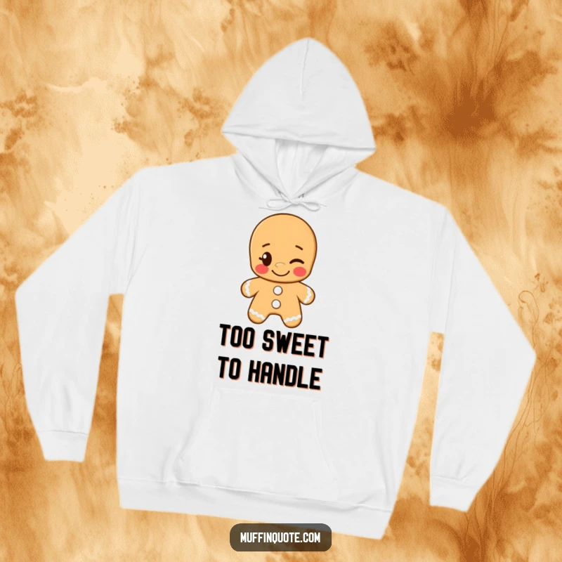 Funny hoodie showcasing a grinning gingerbread man giving a cheeky wink, designed for warmth and humorous holiday spirit.