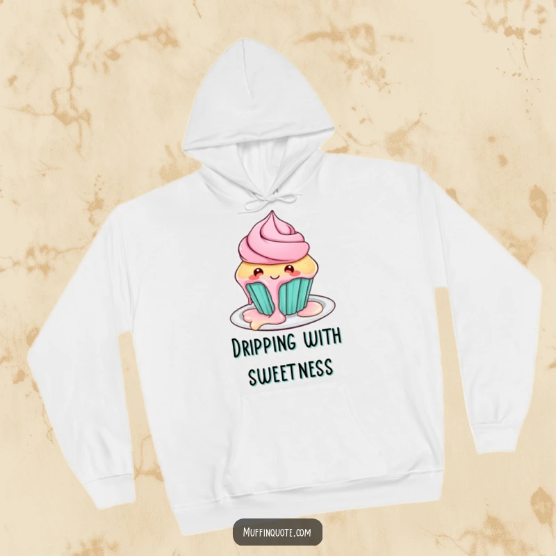 Funny cupcake hoodie featuring a playful character with frosting artfully dripping, cozy and humorous apparel.