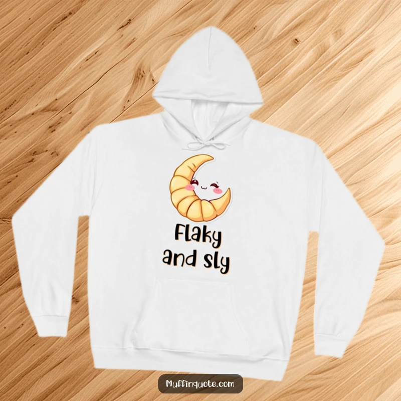 Funny Hoodie: A croissant character shaped like a crescent moon winking cheekily, exuding playful and cozy vibes.
