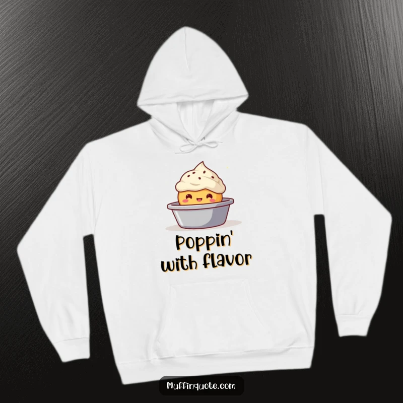 Funny bubbly muffin character hoodie, peeking out of a baking tin, comfortable and humorous outerwear.