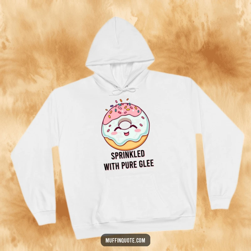 Funny donut hoodie featuring a giggling character with sprinkles erupting joyfully, perfect for cozy, humorous wear.