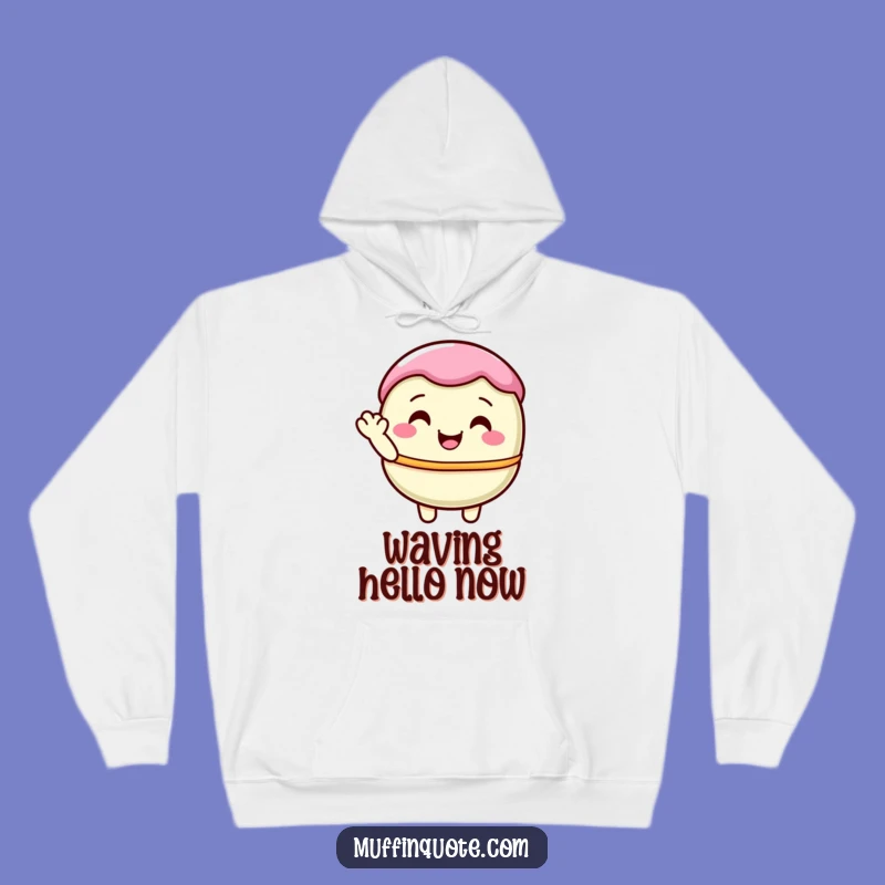 Funny Macaron Waving Hoodie - Cozy Pastel Character Sweatshirt