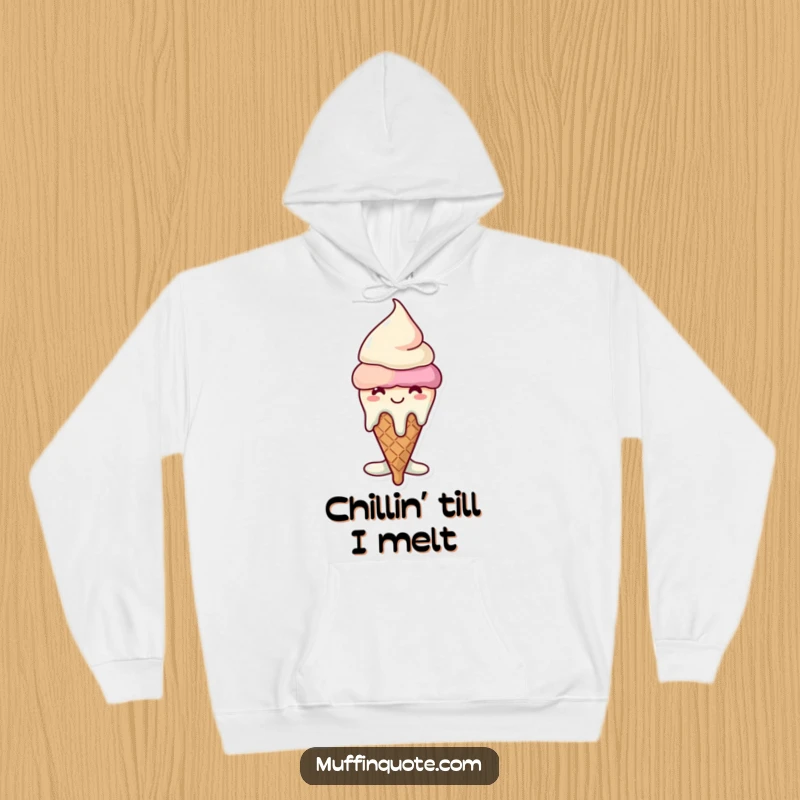 Funny melting ice cream cone hoodie, showing a content character undergoing a sweet melt, ideal for cold weather.