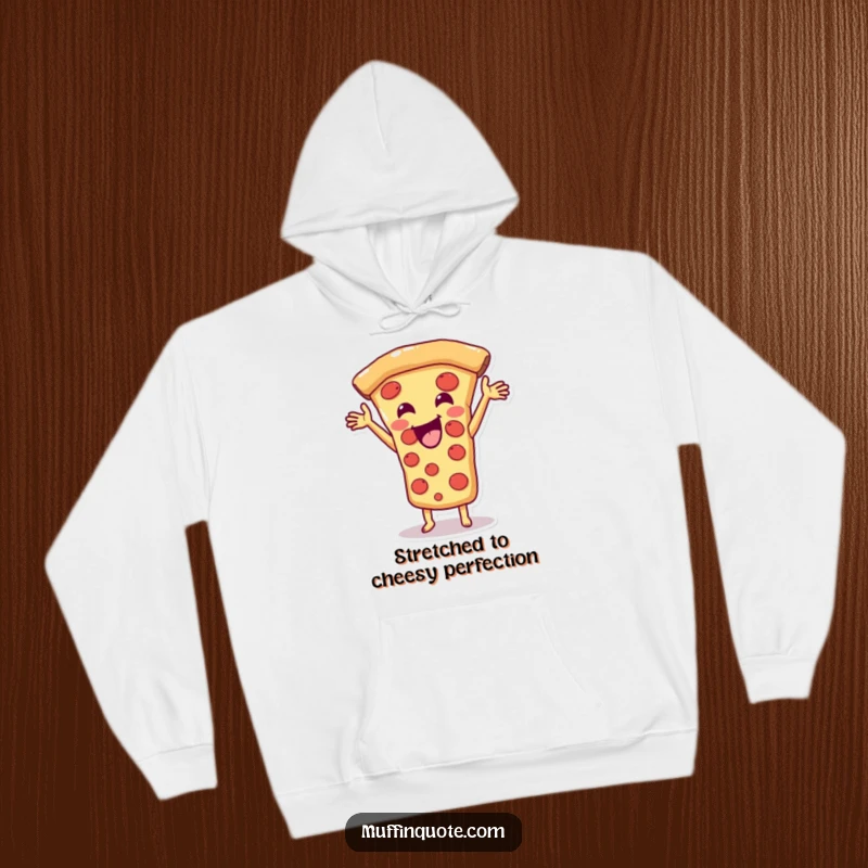Funny Pizza Slice Hoodie featuring a delighted character stretching its cheese, offering comfort and humor for pizza aficionados and gift-givers.