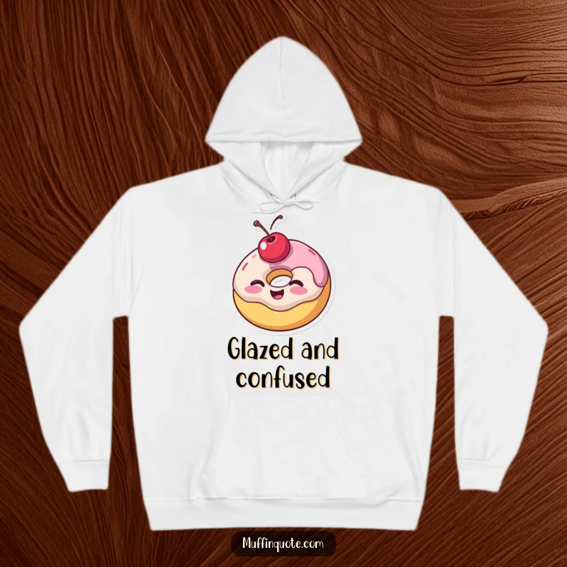 Funny hoodie with a wobbly donut, adorned with a cherry, giving a joyful wink, exuding cozy and sweet cheerful vibes.