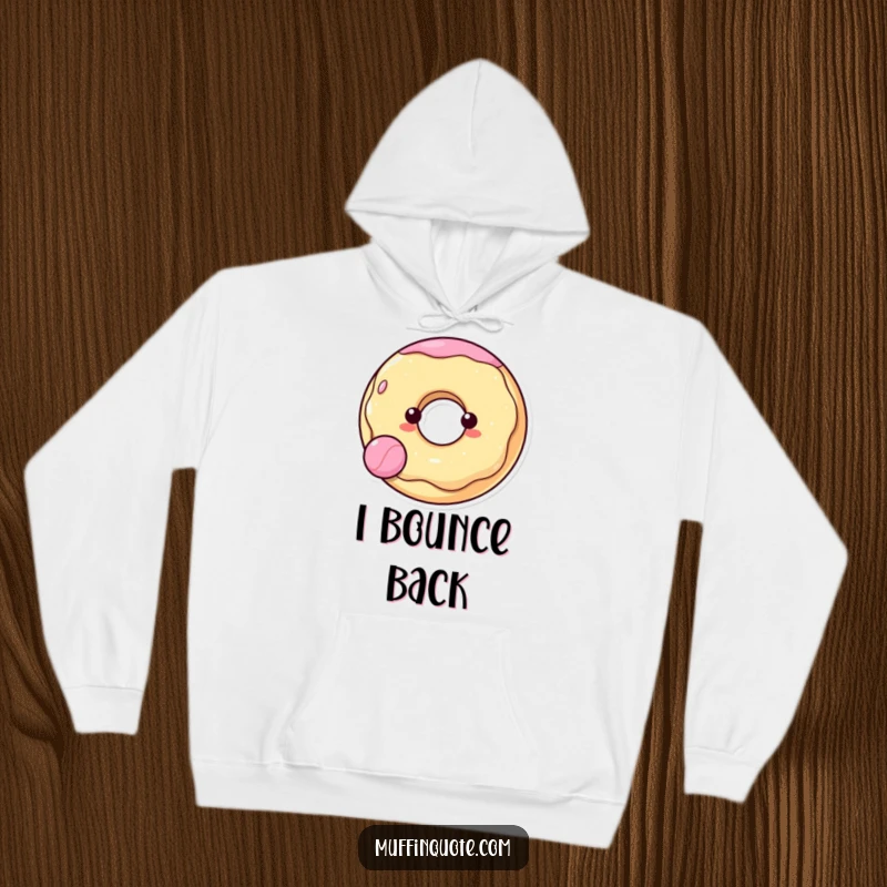 Funny, cheerful donut character with a hole, happily bouncing a ball on a cozy hoodie, spreading pure joy.
