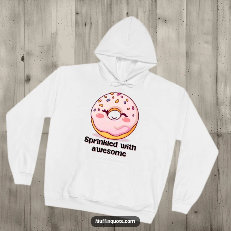 Funny donut hoodie with a cheerful, winking sprinkles character, offering cozy comfort and playful style for all.