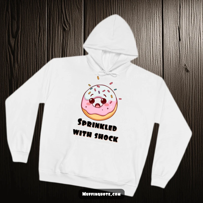Funny hoodie featuring a cute donut character looking utterly surprised as a generous amount of colorful sprinkles falls upon it.