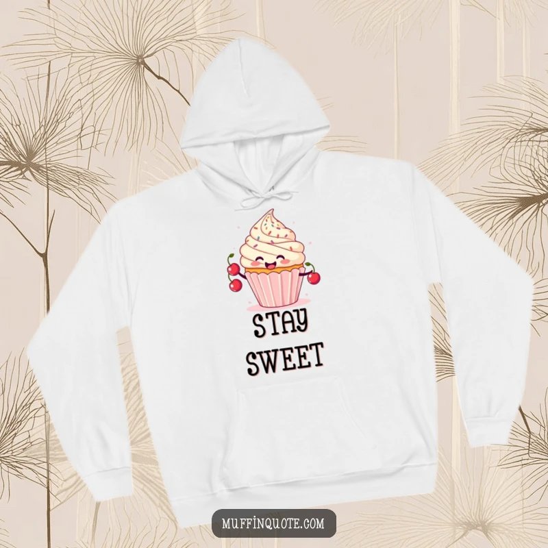 Funny hoodie with a smiling cupcake character juggling cherries amidst flying sprinkles, cozy and sweet.