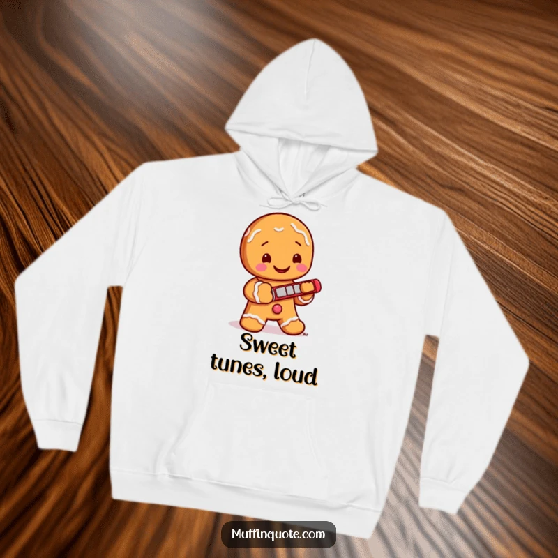 Funny Hoodie: A cozy, jolly gingerbread man with icing buttons is depicted playing a small harmonica, radiating musical joy.