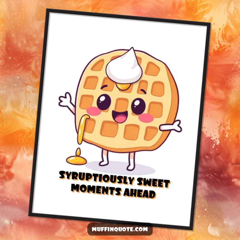 Funny Free Printable Waffle Wall Art showing a happy waffle character with dripping syrup doing a little jig, perfect for quirky decor.