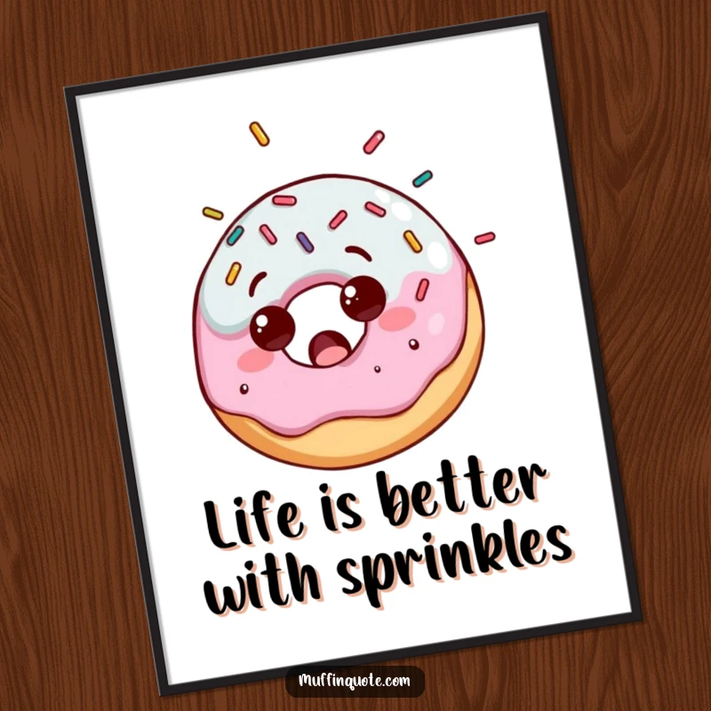 Funny Free Printable Wall Art of a surprised donut character joyfully receiving an unexpected shower of colorful sprinkles, a delightful surprise.