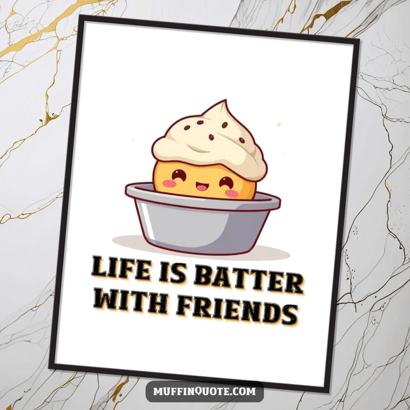 Funny Free Printable Wall Art: A happy, bubbly muffin character popping out of a baking tin, adding fun to any kitchen.