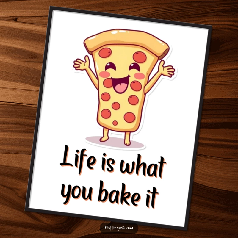 Funny Free Printable Wall Art: A delighted pizza slice character stretching its gooey cheese to the max, radiating joy.