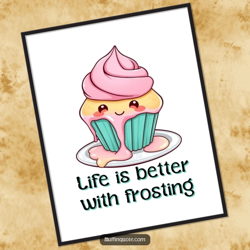 Funny Free Printable Wall Art: A playful cupcake character with frosting dripping onto a plate, a deliciously fun piece.