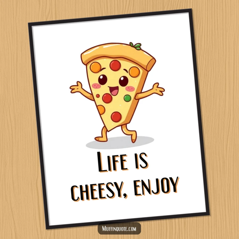 Funny free printable wall art of a pizza slice character with animated toppings performing a joyous jig.
