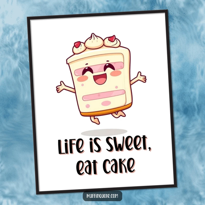Funny Free Printable Wall Art depicting a happy slice of cake character in mid-air, leaping with pure unadulterated joy and celebration.