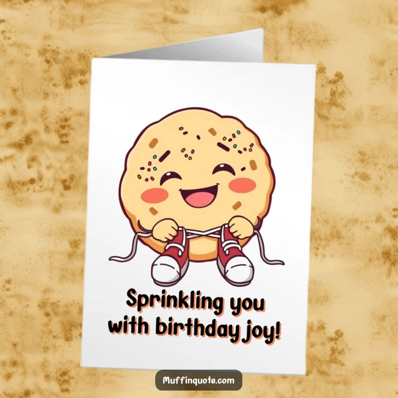Funny free printable birthday card of a grinning cookie with sprinkle freckles, comically struggling to tie its tiny shoelaces.