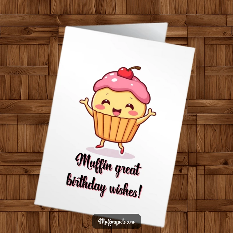 Funny Free Printable Birthday Card featuring a cute muffin character with a cherry on top, joyfully doing a happy dance.