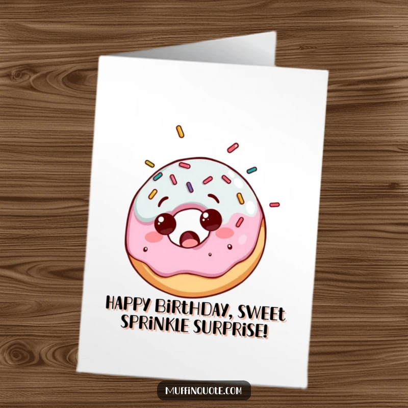 Funny Free Printable Birthday Card of a surprised donut character getting a delightful shower of colorful sprinkles, celebrating joyfully.