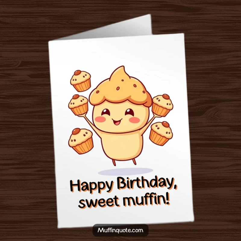 Funny Free Printable Birthday Card: A cheerful muffin character happily juggling three smaller muffins, a delightful birthday wish.