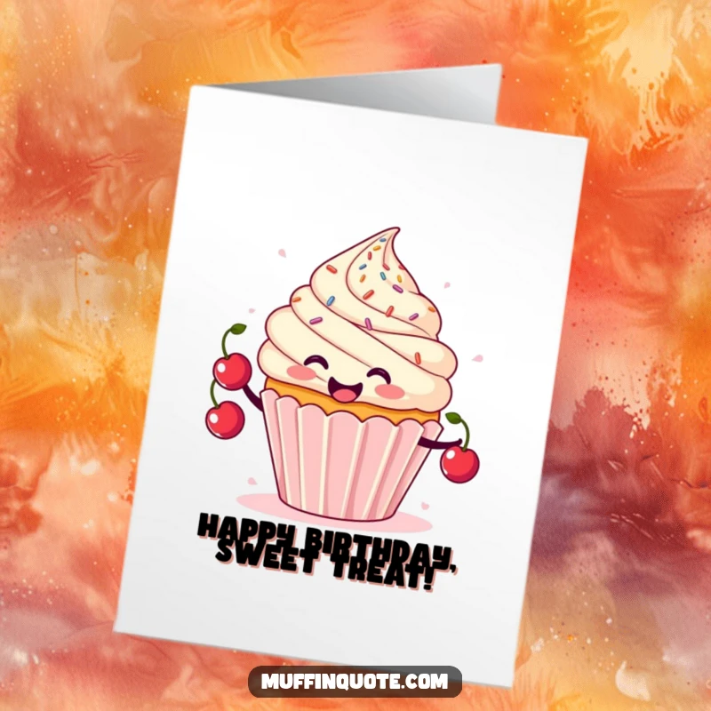 Free Printable Birthday Card: A smiling cupcake character with sprinkles flying juggles three red cherries with impressive skill.