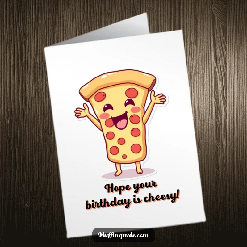 Funny Free Printable Birthday Card: Happy pizza slice character joyfully stretching its cheesy goodness, ready for a party.