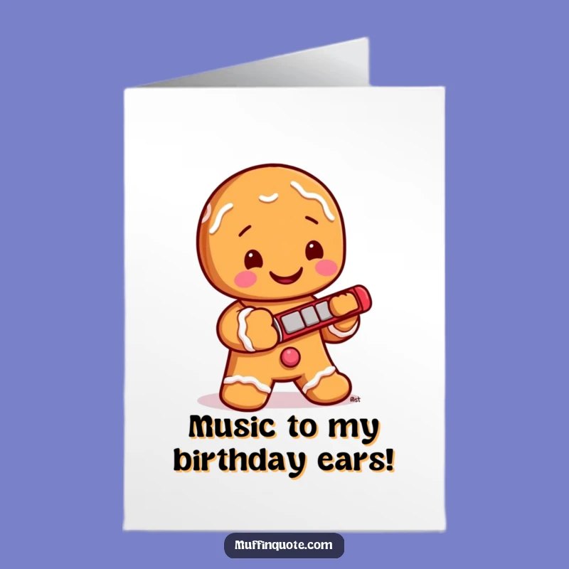 Free Printable Birthday Card: Jolly Gingerbread Man Harmonica Player Funny Downloadable Gift