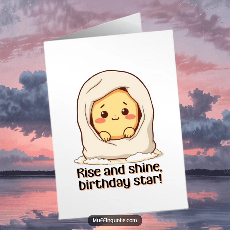 Funny Free Printable Birthday Card: Mischievous bread roll peeking out of a flour bag, ready to surprise!