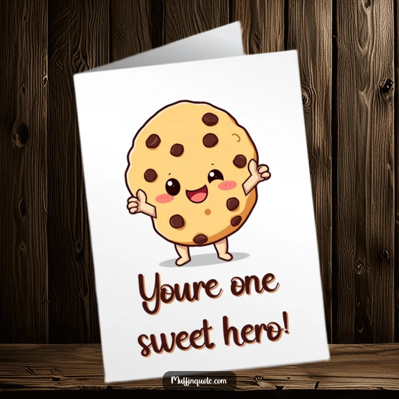 Funny Free Printable Birthday Card: A giggling chocolate chip cookie character strikes a heroic pose, ready to save the birthday.