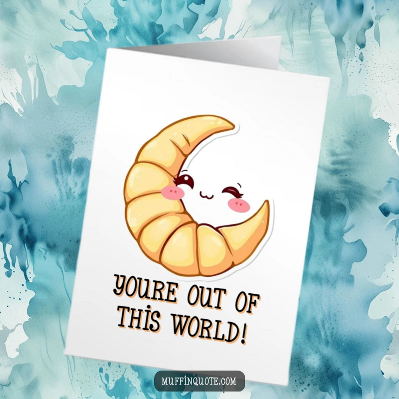 Free Printable Congratulations Card: A playful croissant character, shaped like a moon, gives a cheeky wink to celebrate.