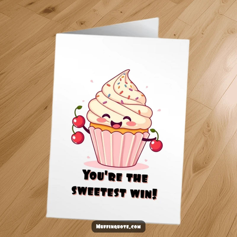 Free Printable Congrats Card: A happy cupcake character juggles cherries amidst a shower of sprinkles, celebrating success with flair.