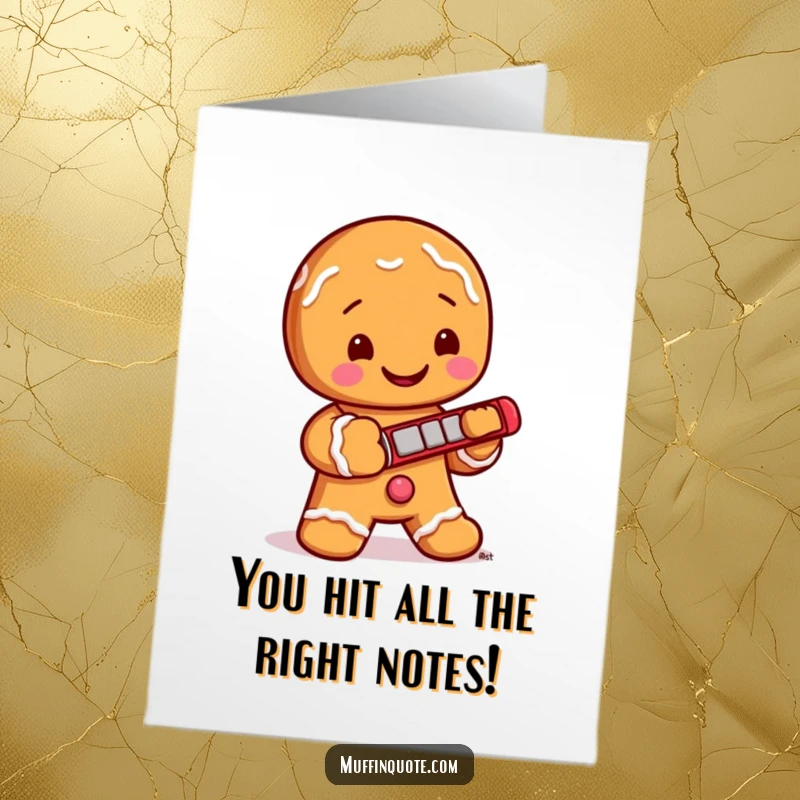 Funny Free Printable Congratulations Card with a cheerful gingerbread man playing a tiny harmonica, ready to celebrate big news.