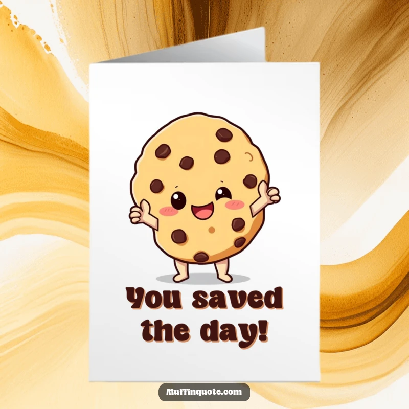 Free Printable Congratulations Card: A giggling chocolate chip cookie character stands proudly in a heroic pose, celebrating victory.
