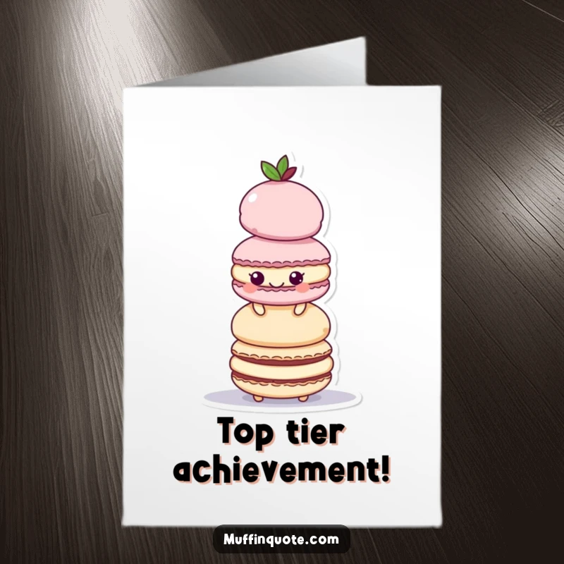 Funny Free Printable Congratulations Card: A playful macaroon character builds a tall, impressive stack to celebrate success.