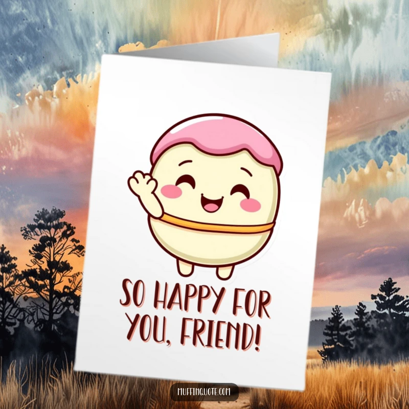 Funny Free Printable Macaron Congratulations Card featuring a delighted pastel macaron character giving a shy, sweet wave for a special achievement.