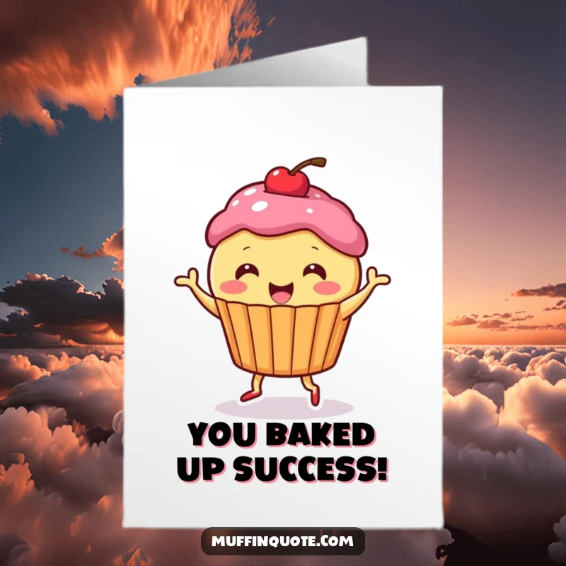 Funny Free Printable Congratulations Card of a cute muffin character, complete with a cherry, busting out a happy dance.
