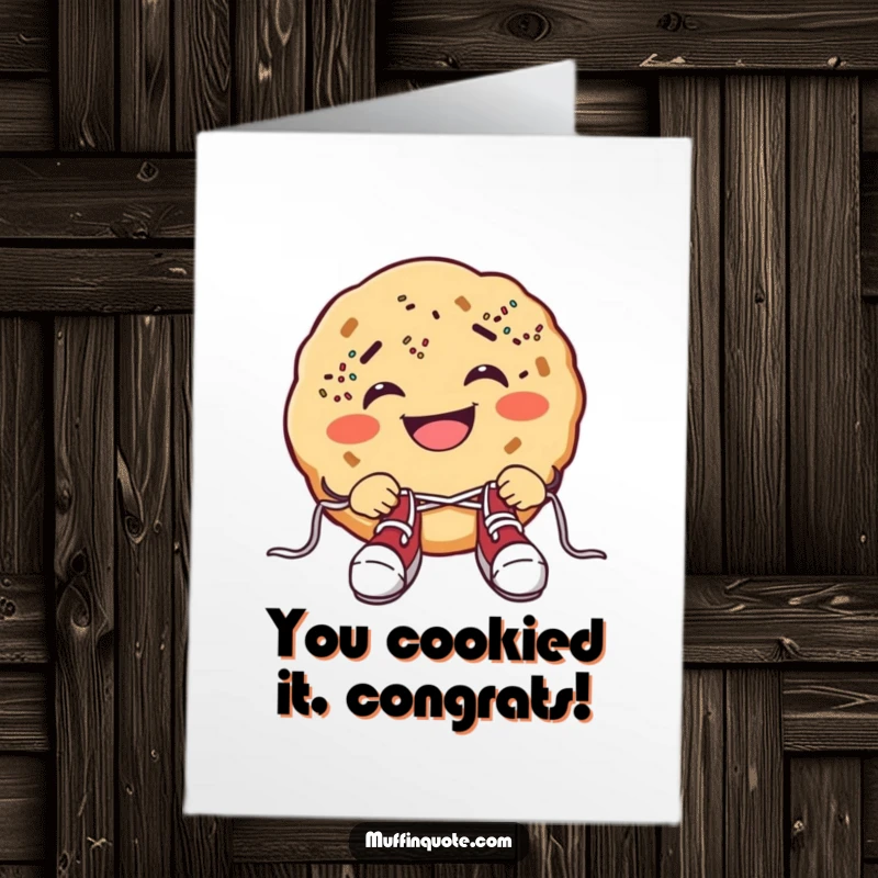 Free printable congratulations card featuring a grinning cookie with sprinkle freckles, hilariously attempting to tie its shoelaces.