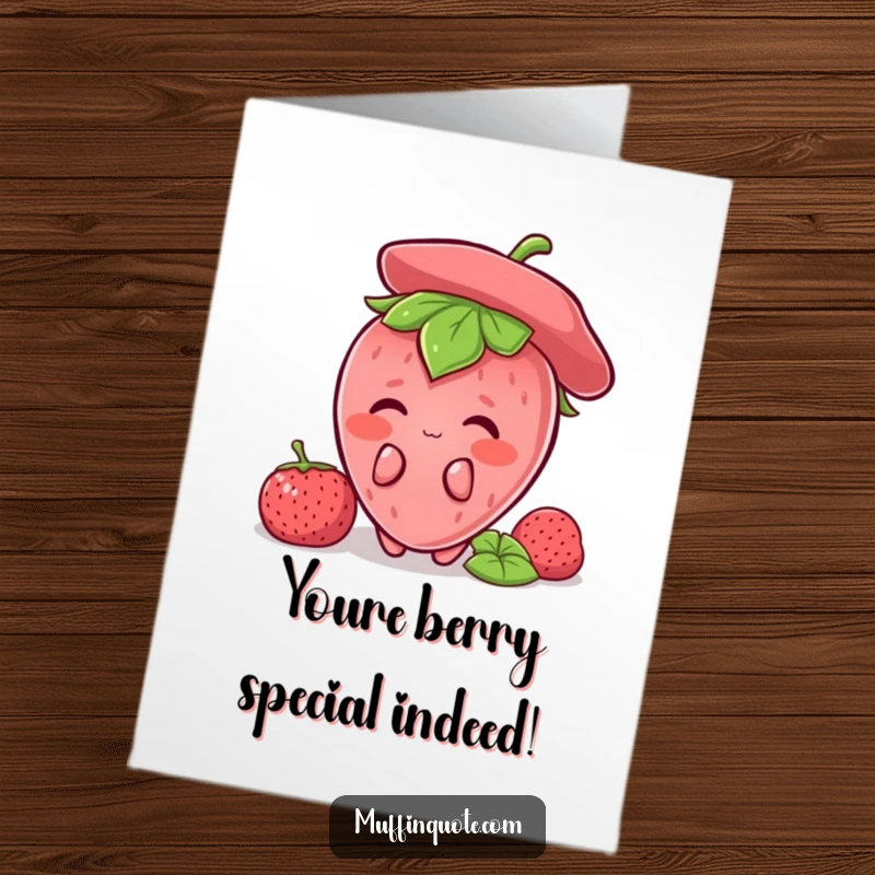 Funny Free Printable Congratulations Card: A shy, blushing strawberry character hiding slightly, conveying sweet congratulations.