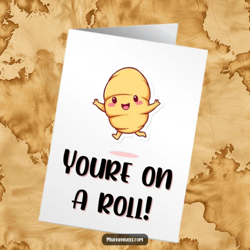 Funny free printable congratulations card of a happy croissant character performing an energetic bouncy leap.
